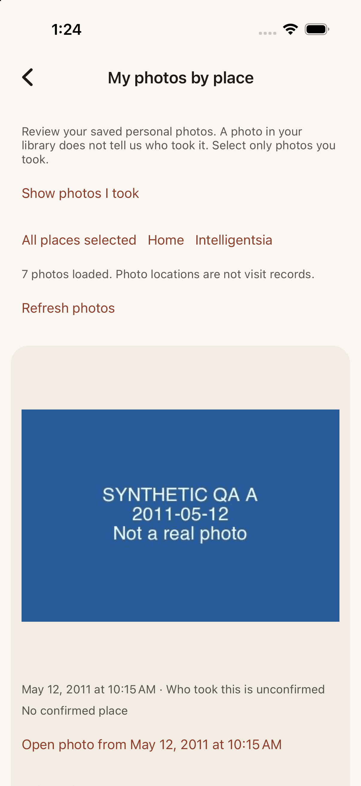 Private organizer showing seven synthetic photos, unknown authorship, and no confirmed place