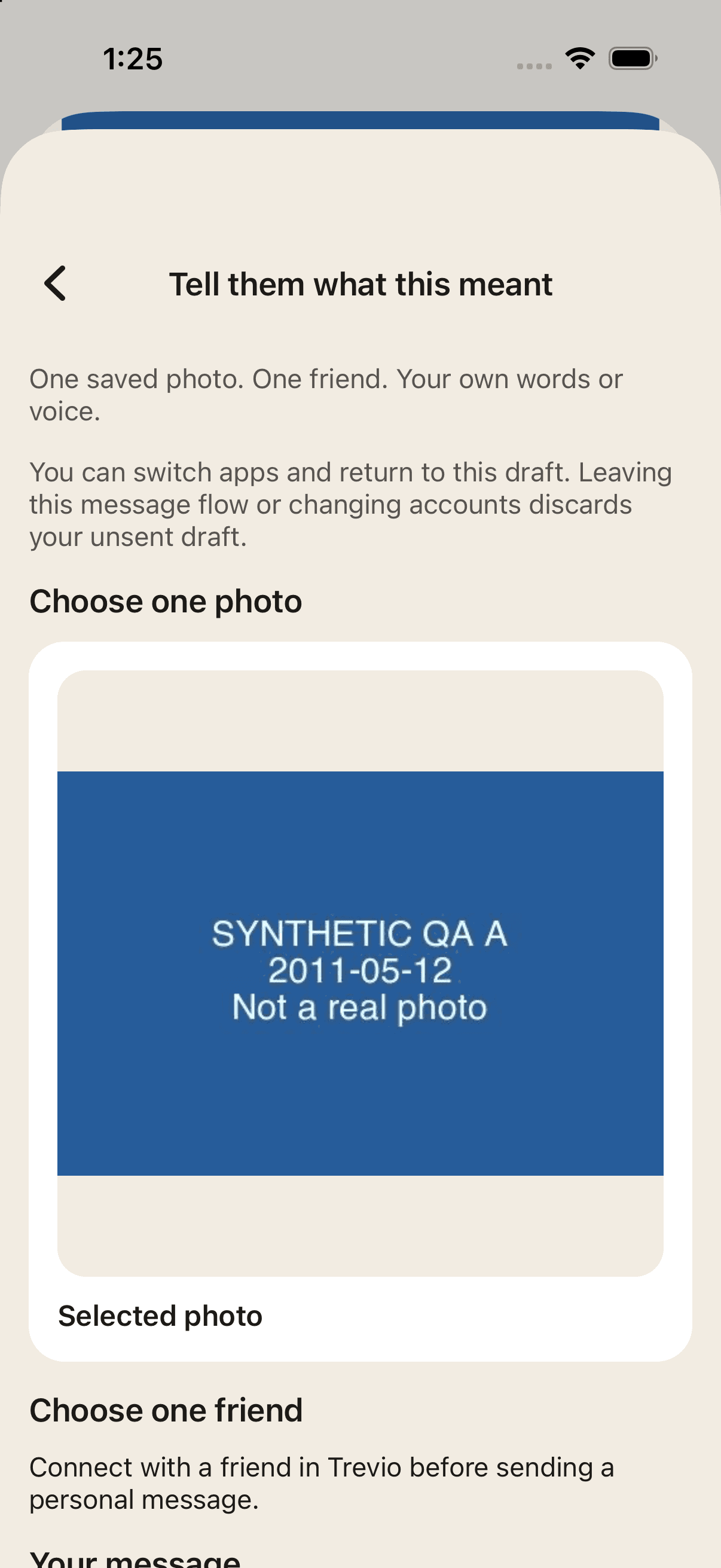Composer warning that an unsent draft is discarded after an account change, with one synthetic photo selected before friend choice